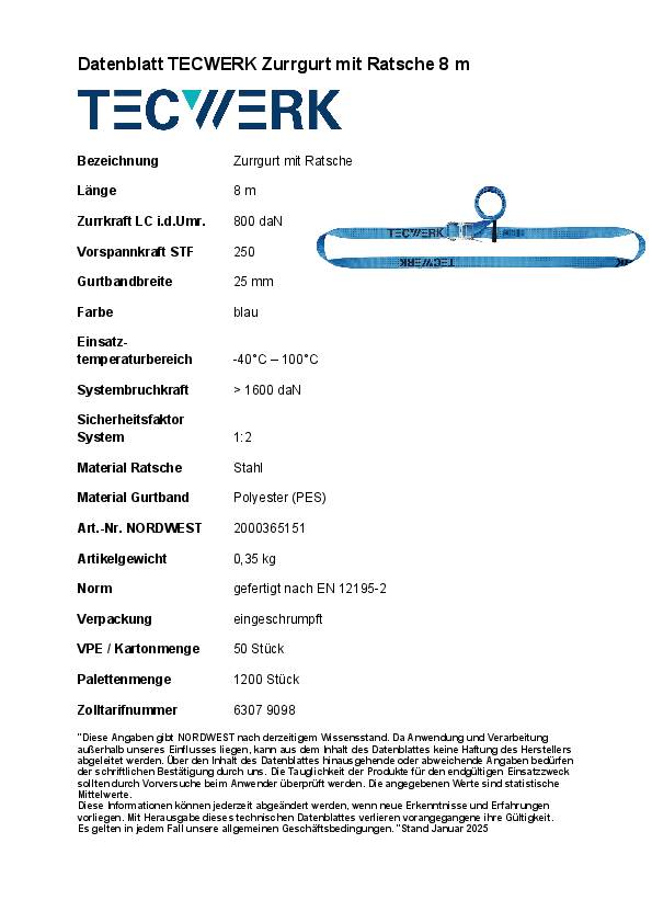 Zurrgurt DIN EN 12195-2 L.8m B.25mm m.Ratsche LC U 800 daN TECWERK