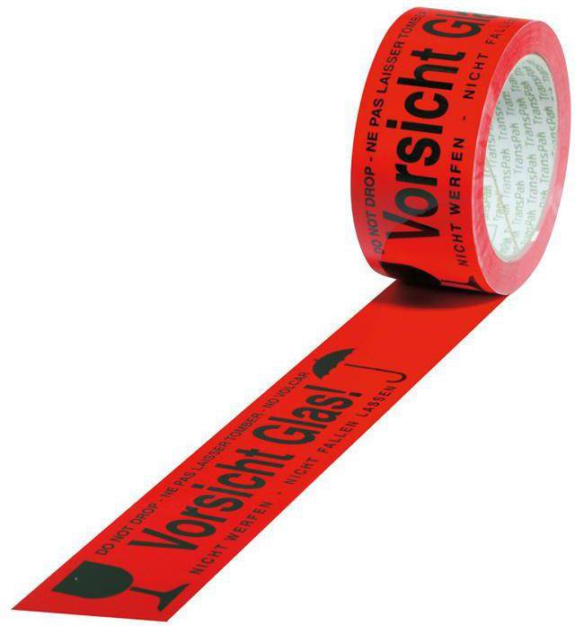 Kennzeichnungsband Breite 50mm L.66m S.52µ PVC rot Aufdruck Vorsicht Glas