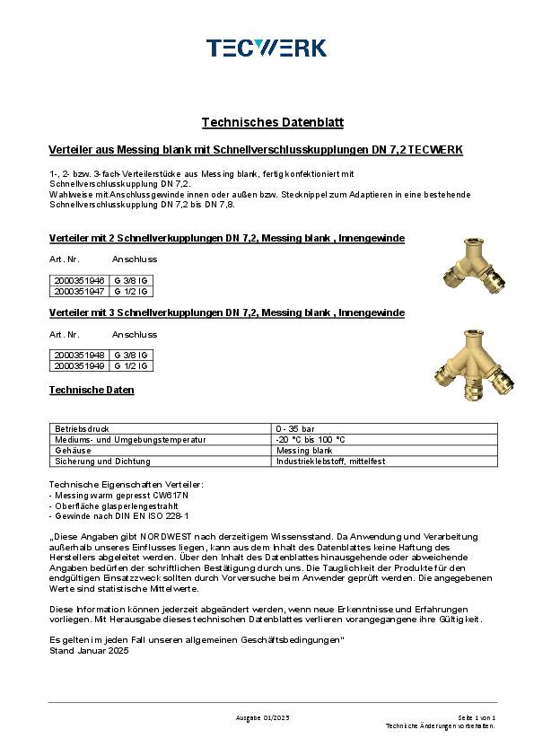 Verteiler Gew.G 1/2 Zoll/19,17mm IG,3 Kupplungen DN 7,2 TECWERK