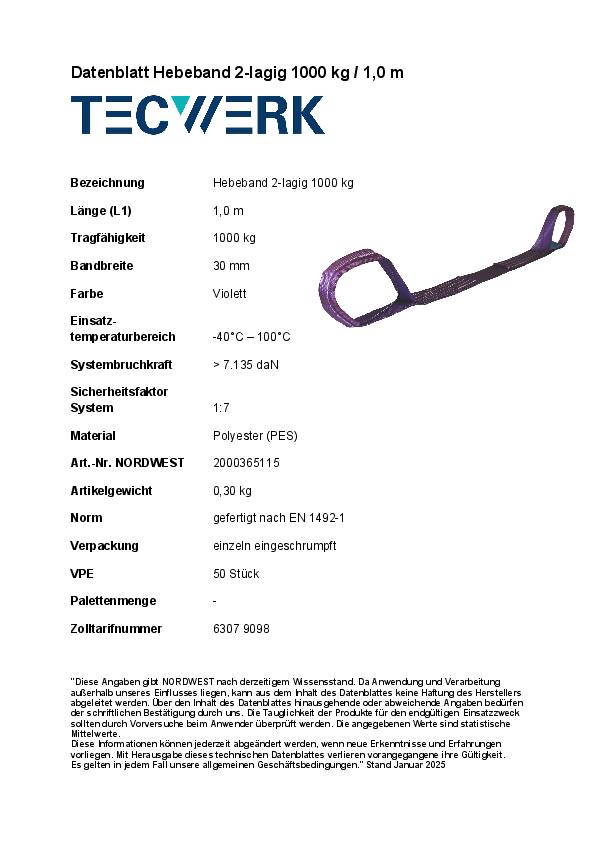 Hebeband DIN EN 1492-1 L.1m violett Tragf.einf.1000kg TECWERK