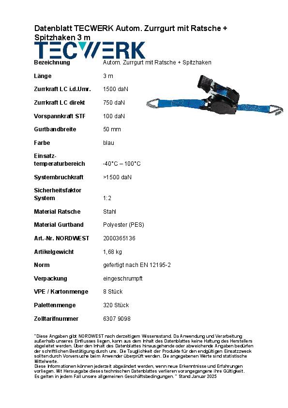 Autom.Zurrgurt DIN EN 12195-2 L.3m B.50mm m.Spitzh.TW