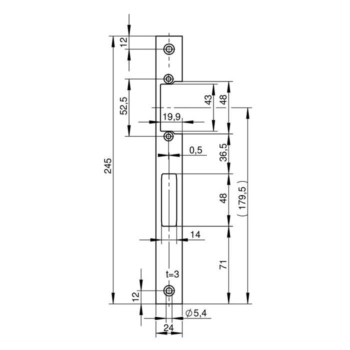 Schließblech P672 VA ma geb.E-Öffner Flachschließbl.f.Fluchttüren B.24xL.243mm