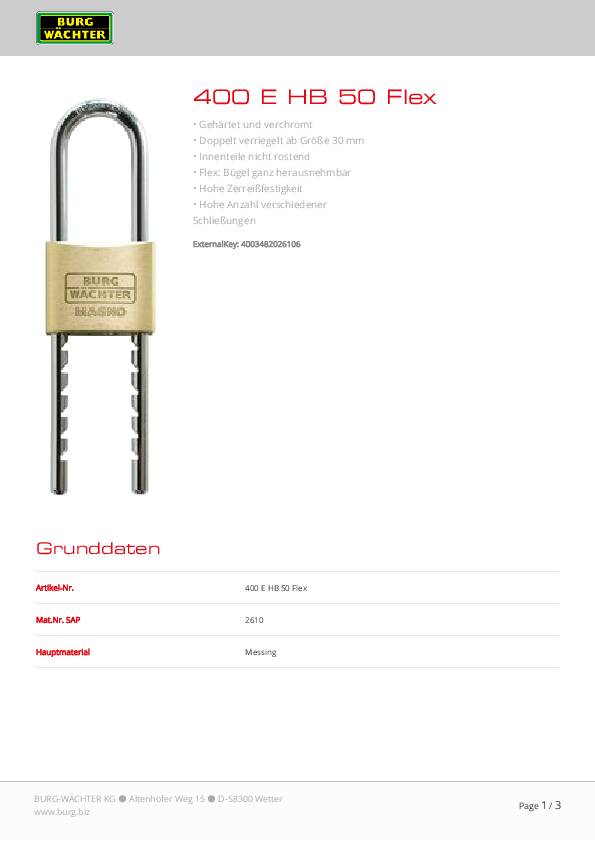 Zylindervorhangschloss Schlosskörper-B.50mm MS m.variablem Bügel BURG-WÄCHTER