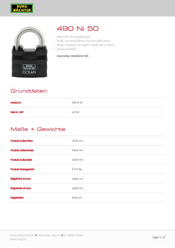 Zylindervorhangschloss 490 Ni 50 Schlosskörper-B.50mm MS versch.-schl.