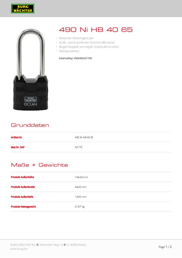 Zylindervorhangschloss 490 Ni HB 40 65 Schlosskörper-B.40mm BURG-WÄCHTER