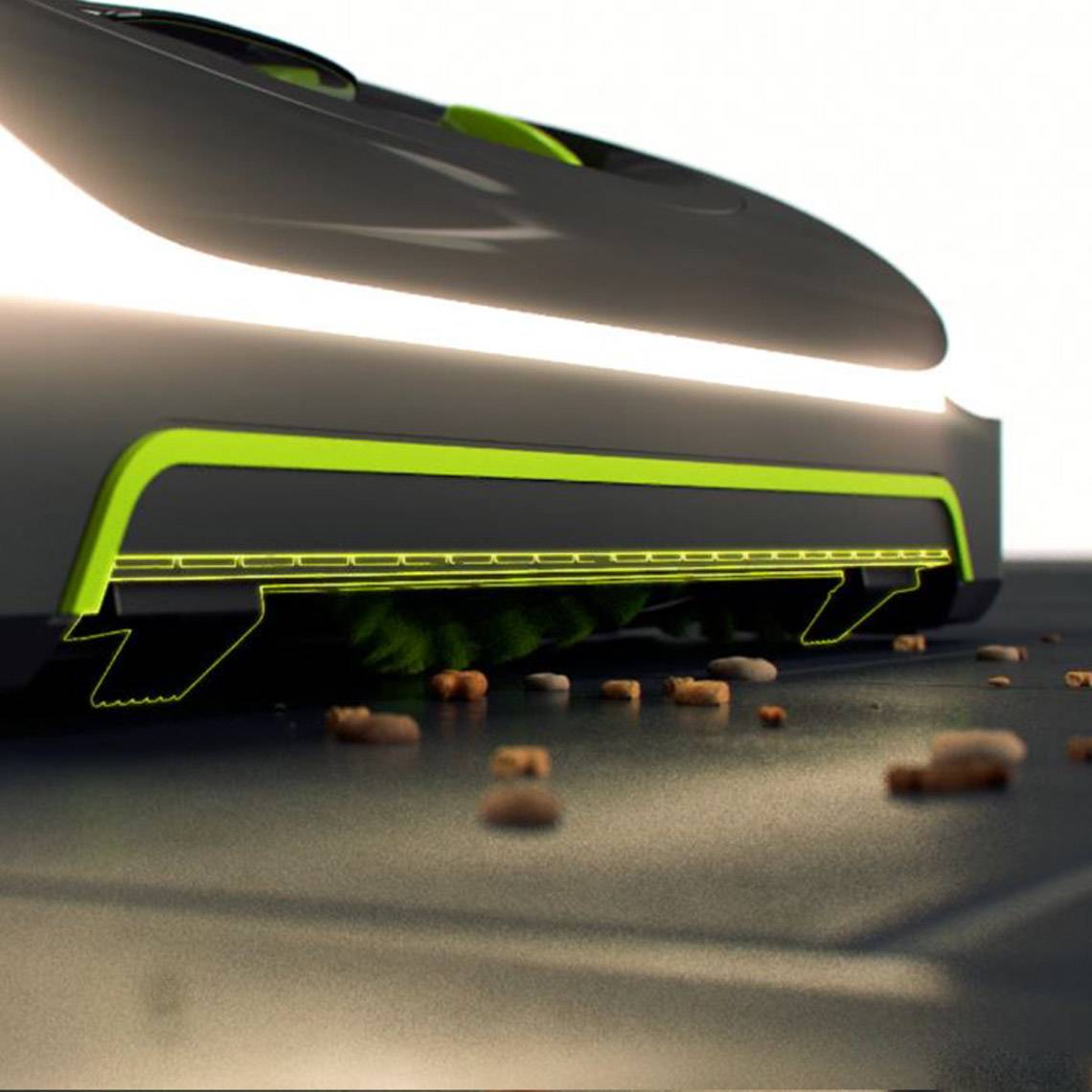 Ein futuristischer Reinigungsroboter, elegant und rechteckig, saugt einen Fliesenboden ab und sammelt verstreute Verschmutzungen mit Bürsten unter sich auf.