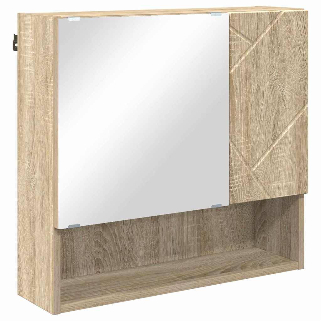 Holzschrank für das Badezimmer mit einem Spiegel an der Frontseite und einem offenen Regal darunter. Schlichtes, modernes Design mit natürlicher Holzstruktur.