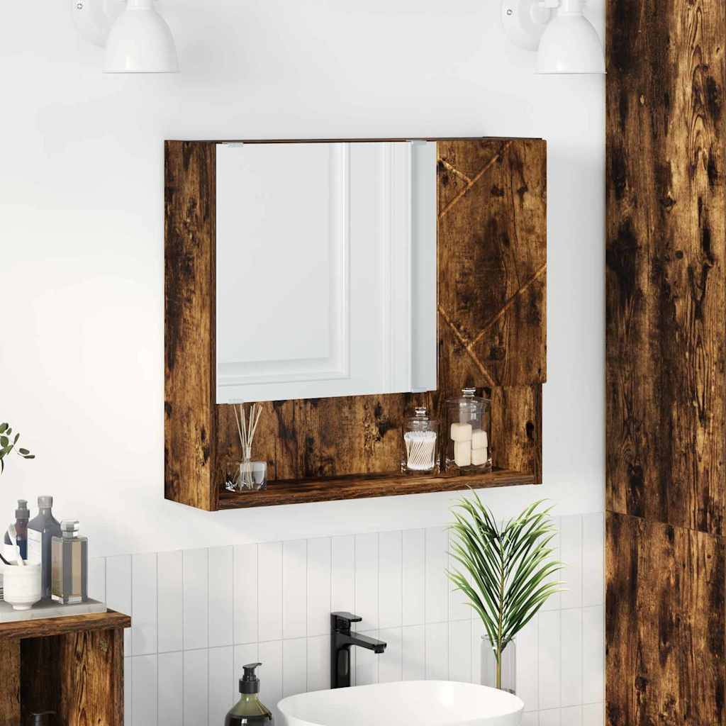 Ein Badezimmerspiegelschrank aus Holz mit einem offenen Regal, das Toilettenartikel enthält. Darunter befindet sich ein weißes Waschbecken und eine grüne Pflanze auf der Ablage.