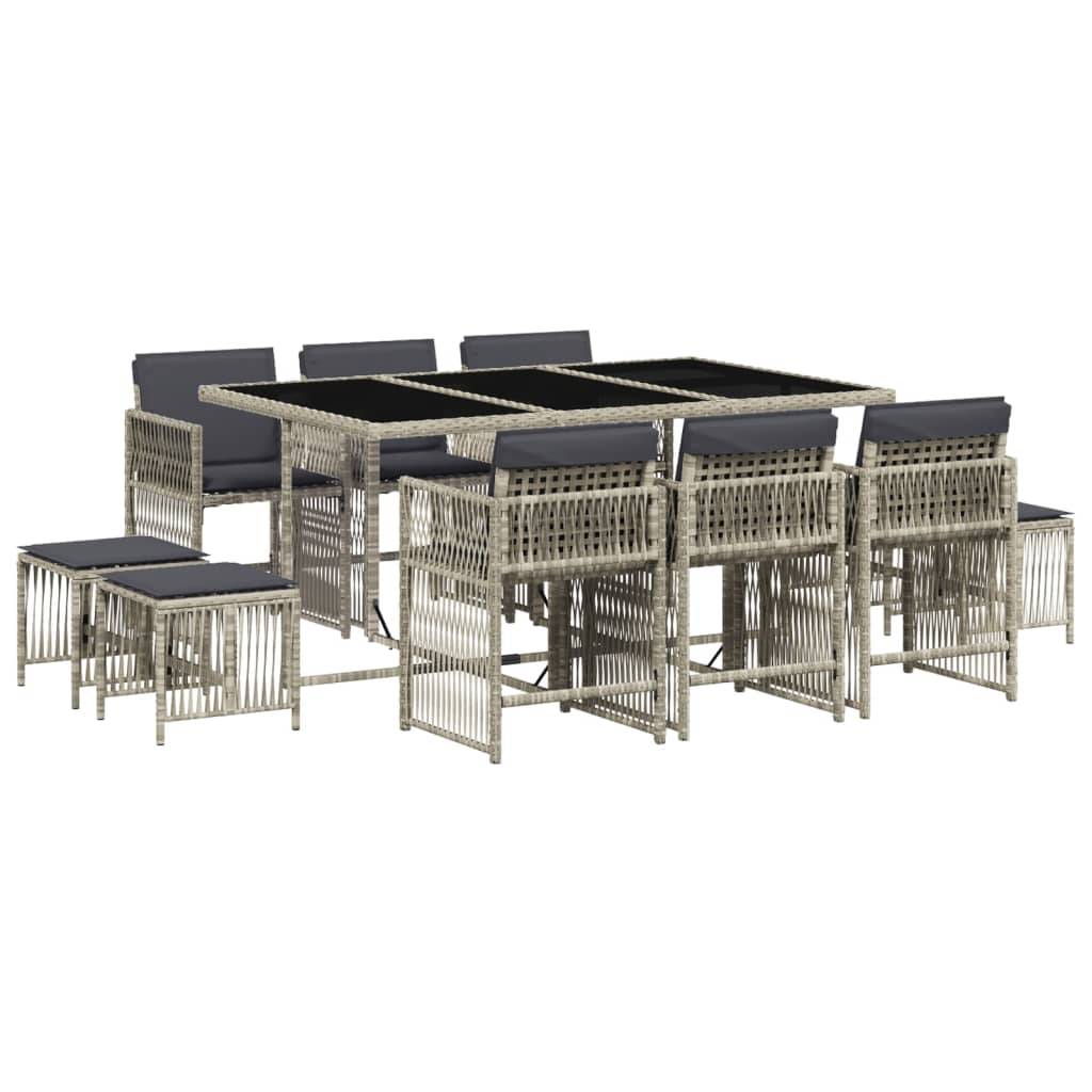 vidaXL 11-tlg. Garten-Essgruppe mit Kissen Hellgrau Poly Rattan
