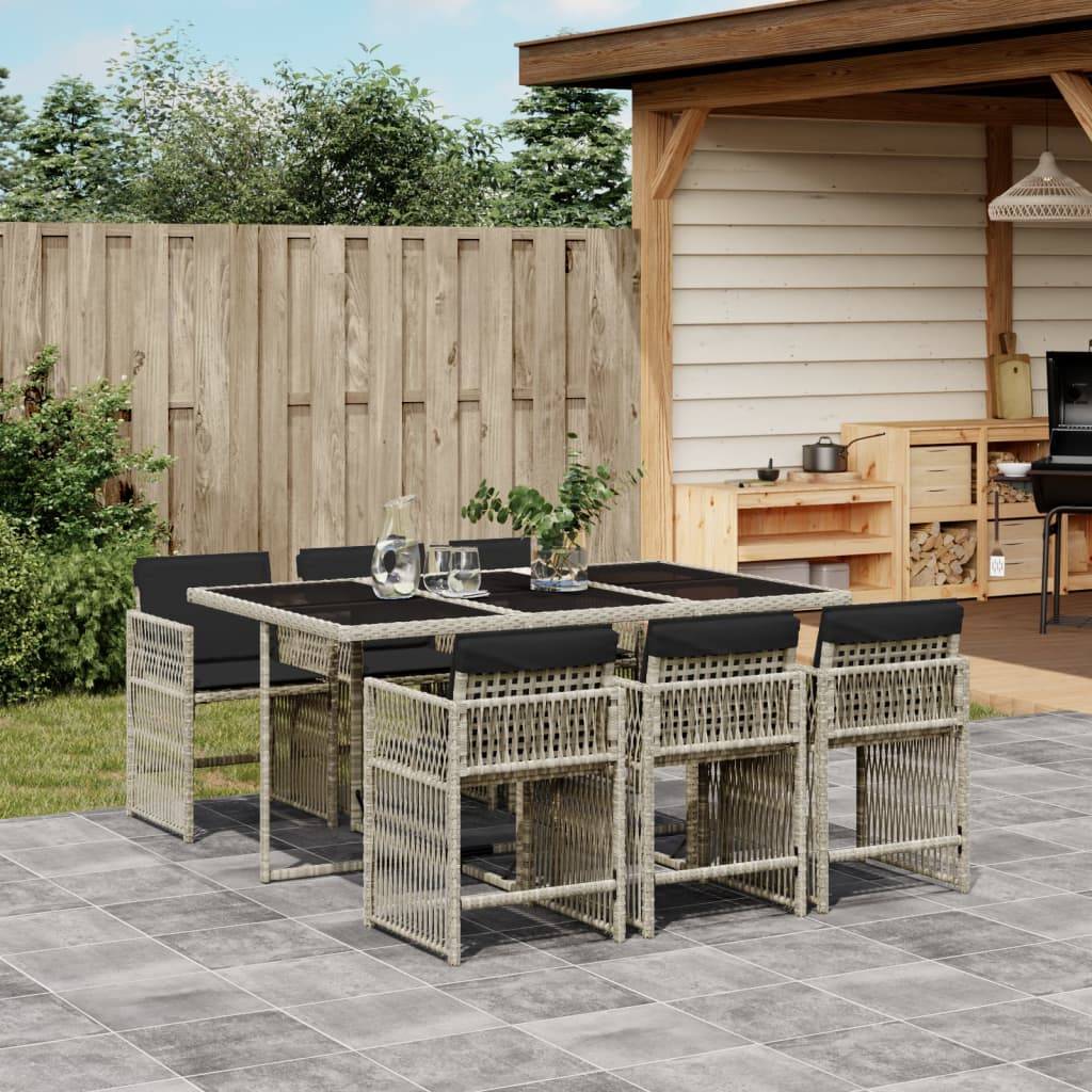 vidaXL 7-tlg. Garten-Essgruppe mit Kissen Hellgrau Poly Rattan