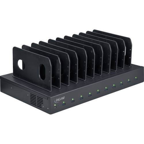 Eine schwarze, mehrfach nutzbare USB-Ladestation mit zehn Anschlüssen für Geräte, wobei jeder Anschluss über eine individuelle grüne Statusanzeige verfügt, mit der Markenbezeichnung 'inLine.