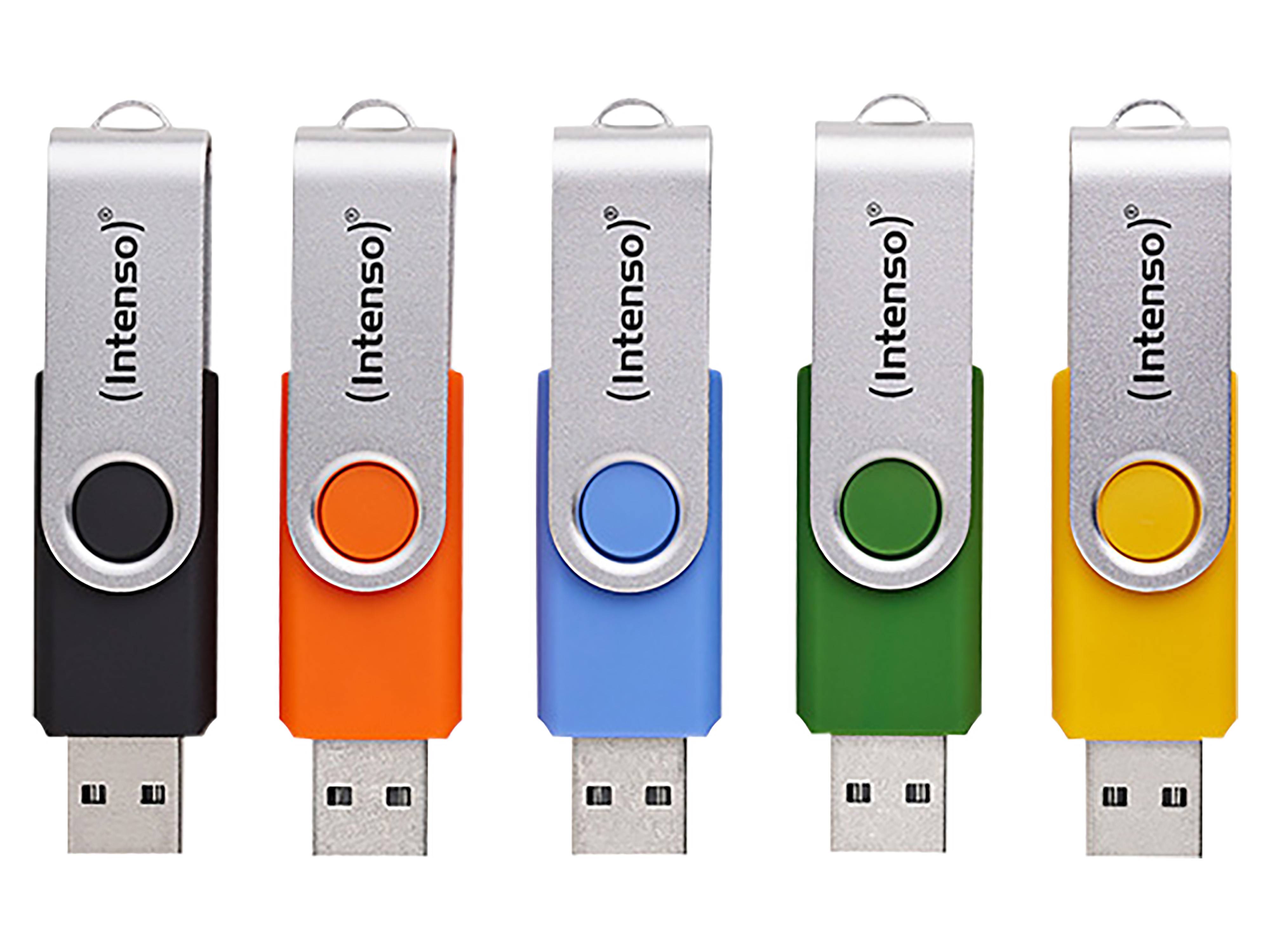 Fünf USB-Sticks in verschiedenen Farben (schwarz, orange, blau, grün, gelb) mit silbernen Schutzkappen und 