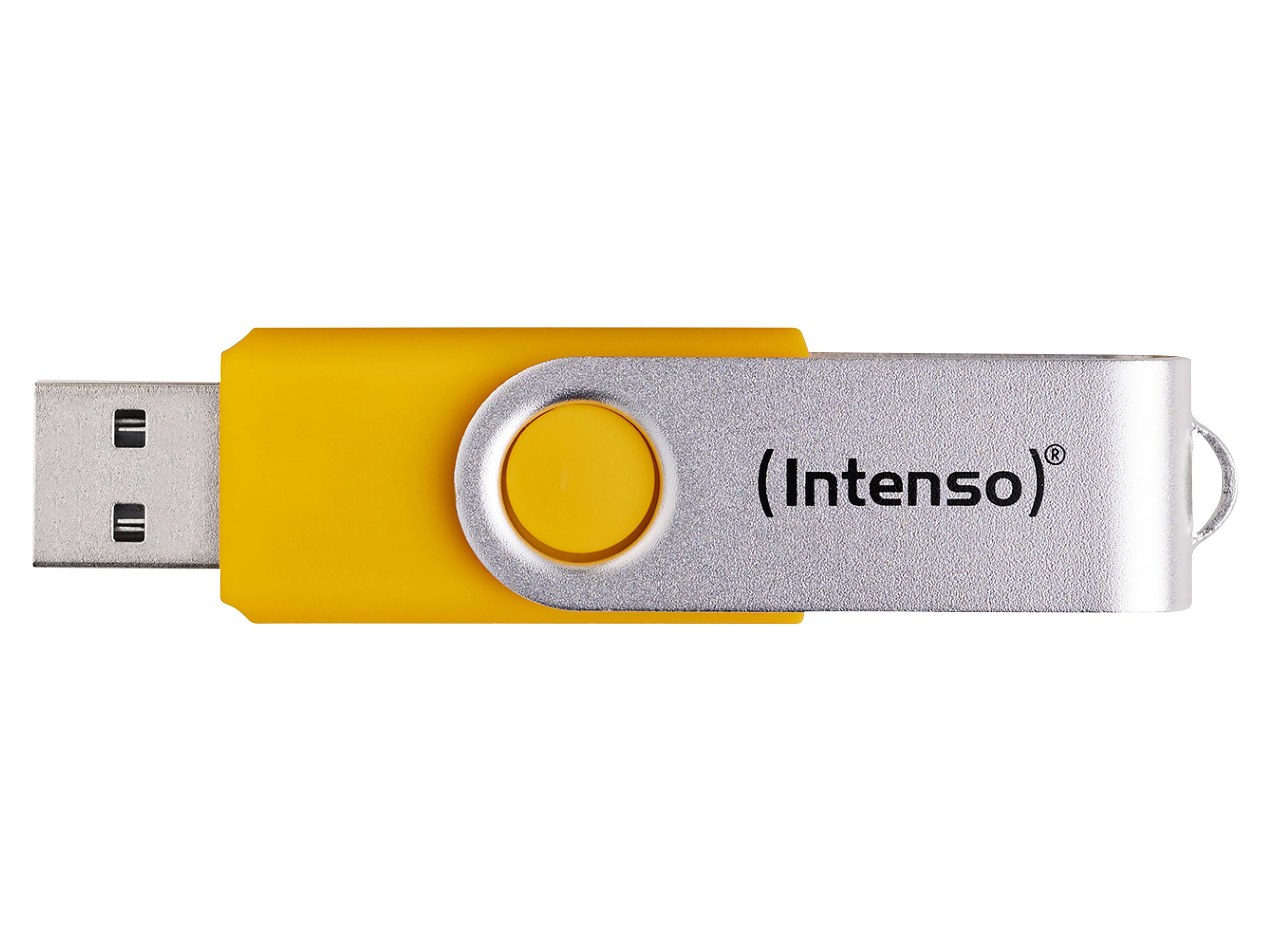 Ein gelbes und silbernes USB-Speicherstick mit dem Markennamen „Intenso