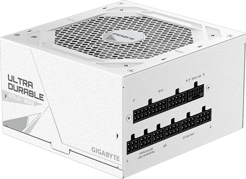 Weiße Gigabyte-Stromversorgungseinheit mit mehreren Anschlüssen, vorgesehen für die Montage von Computerhardware.