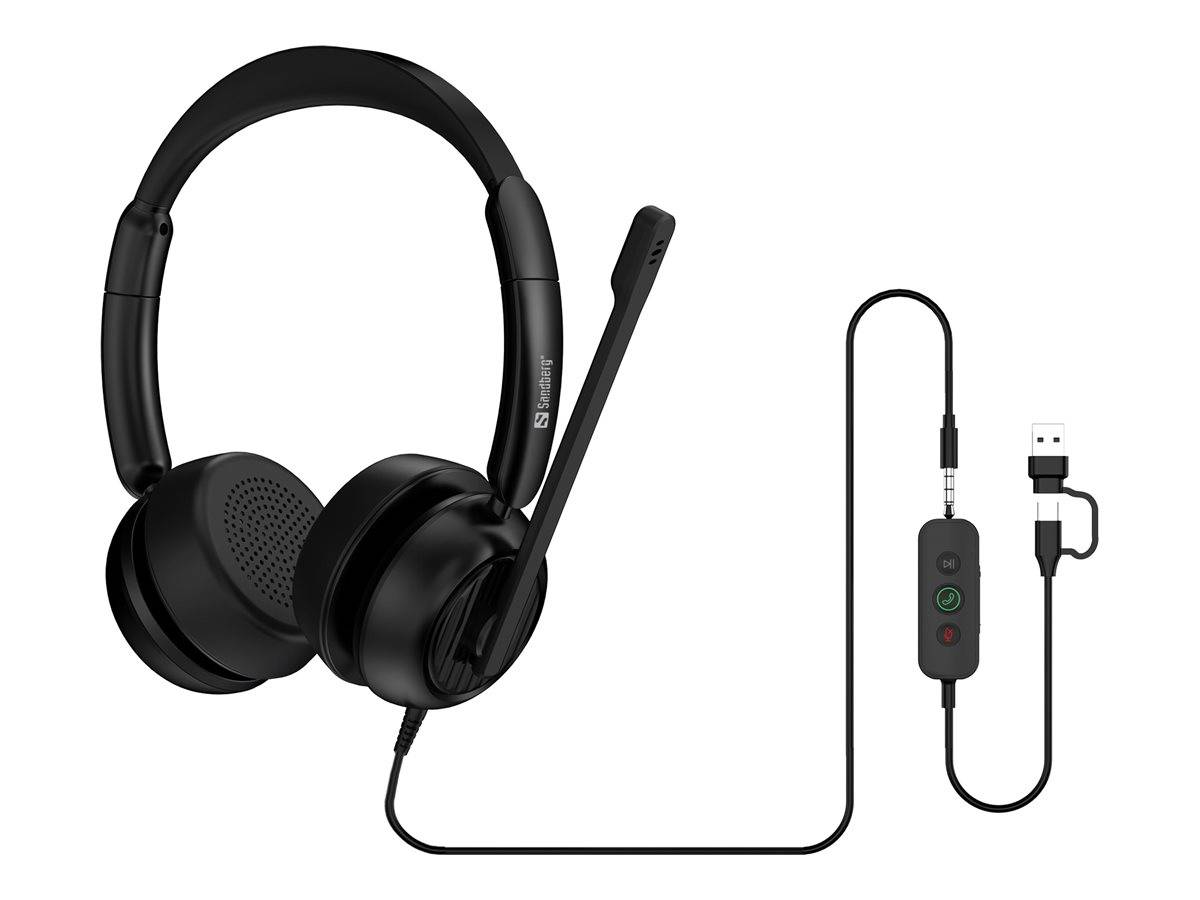 Schwarzes USB-Headset mit angebrachtem Mikrofon und Inlinebedienungselementen.