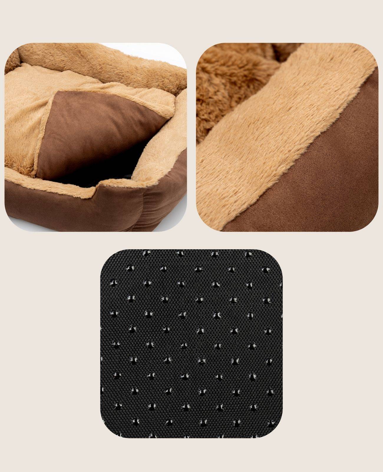 lionto Hundebett, weiches Kuschelbett mit herausnehmbarem Wendekissen & Anti-Rutsch-Boden, 75x60 cm, braun/beige