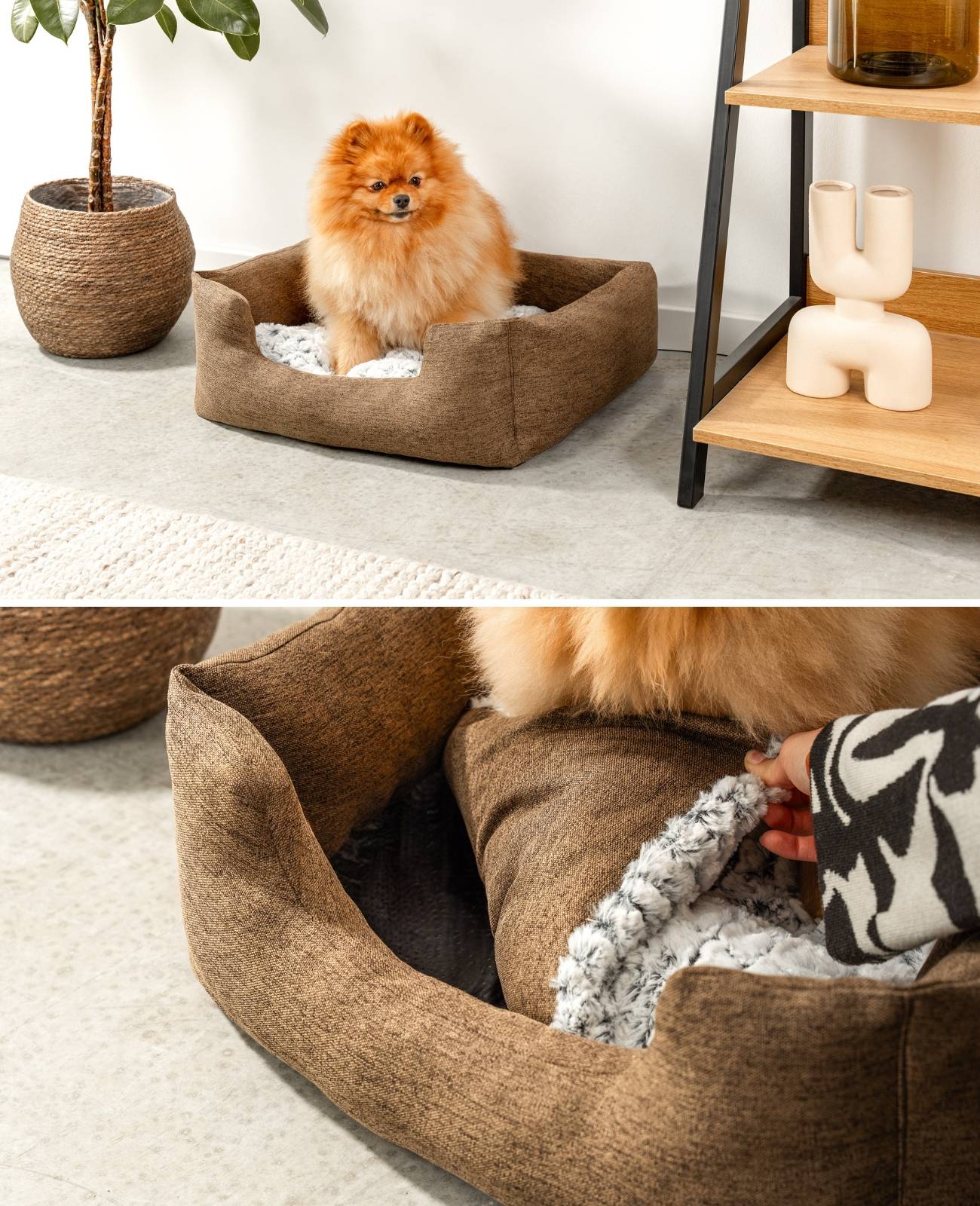 lionto Kuschelbett für Hunde, gemütliches Hundebett mit herausnehmbarem Wendekissen, rutschfestem Boden, 60x50 cm, braun