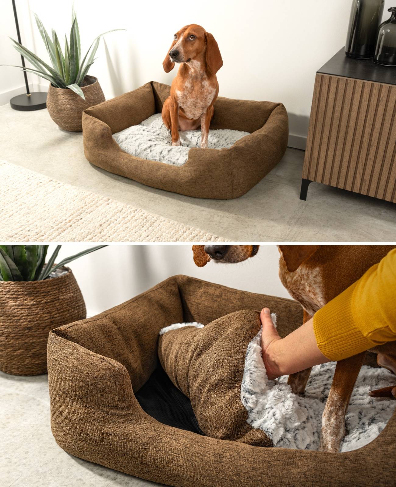 lionto Kuschelbett für Hunde, gemütliches Hundebett mit herausnehmbarem Wendekissen, rutschfestem Boden, 80x60 cm, braun