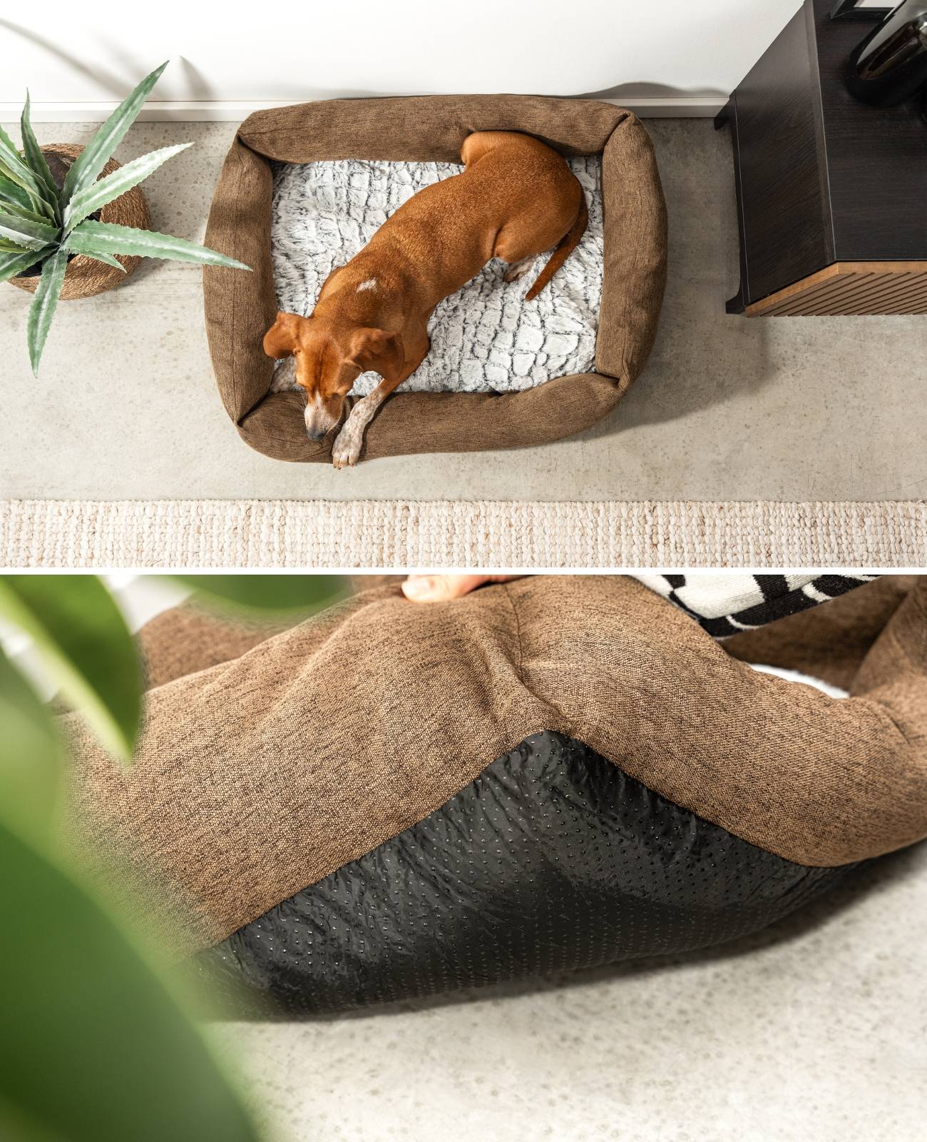 lionto Kuschelbett für Hunde, gemütliches Hundebett mit herausnehmbarem Wendekissen, rutschfestem Boden, 80x60 cm, braun