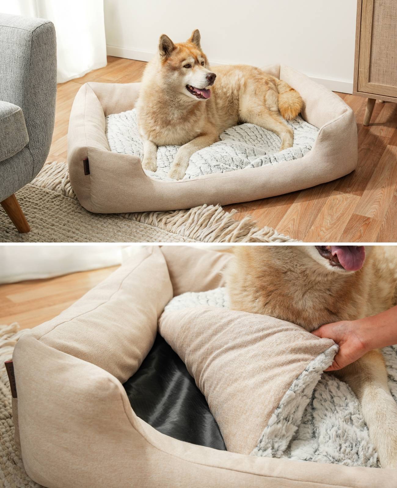 lionto Kuschelbett für Hunde, gemütliches Hundebett mit herausnehmbarem Wendekissen, rutschfestem Boden, 110x80 cm, beige