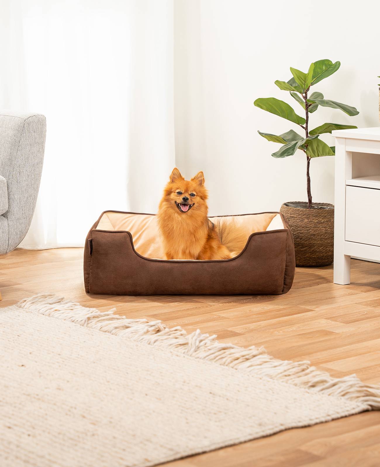 lionto Hundebett – 2-in-1 Wendekörbchen, weich gepolstert & pflegeleicht, mit tiefem Einstieg, 80x60 cm, braun/beige