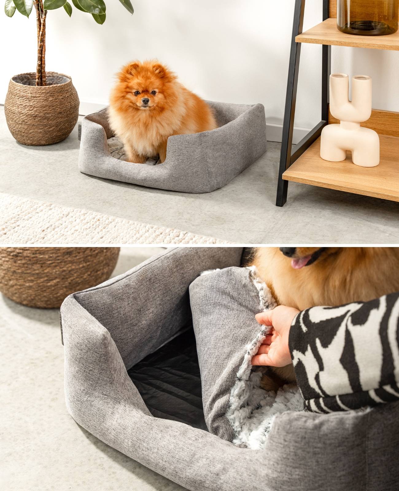 lionto Kuschelbett für Hunde, gemütliches Hundebett mit herausnehmbarem Wendekissen, rutschfestem Boden, 60x50 cm, grau