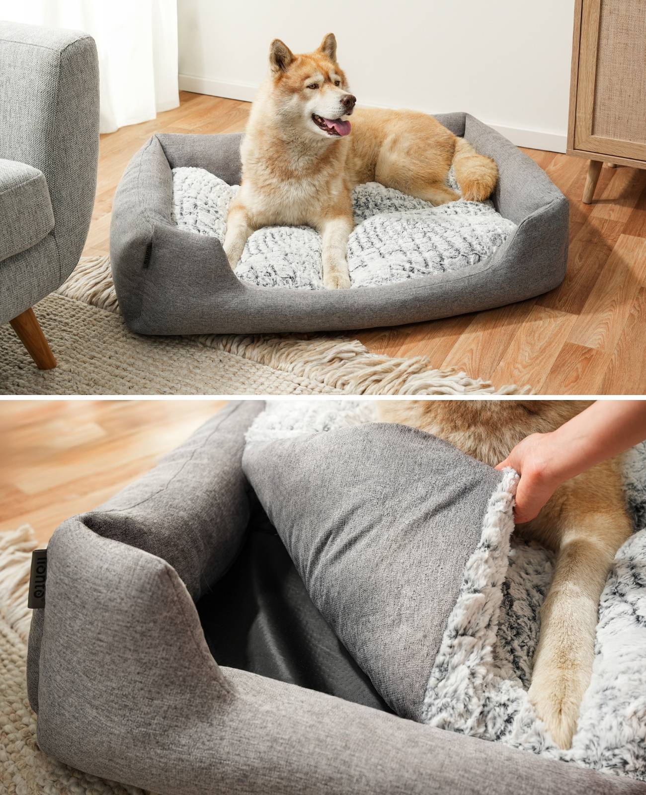 lionto Kuschelbett für Hunde, gemütliches Hundebett mit herausnehmbarem Wendekissen, rutschfestem Boden, 110x80 cm, grau