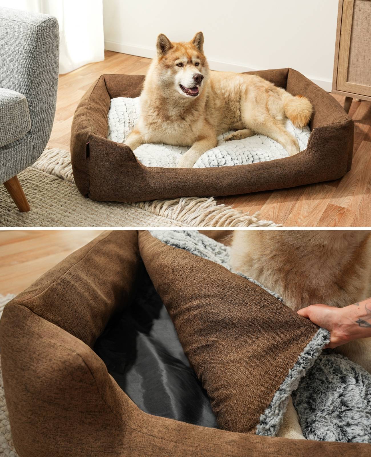 lionto Kuschelbett für Hunde, gemütliches Hundebett mit herausnehmbarem Wendekissen, rutschfestem Boden, 110x80 cm, braun
