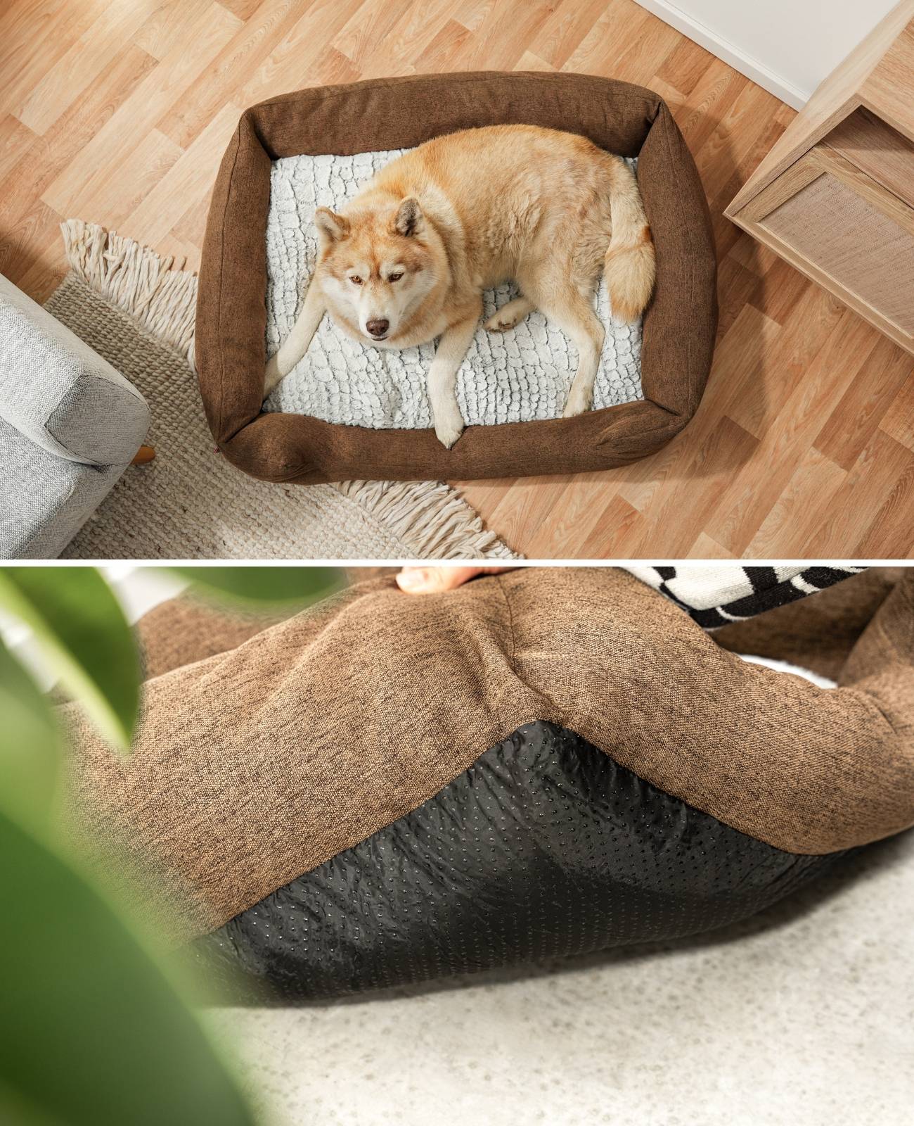 lionto Kuschelbett für Hunde, gemütliches Hundebett mit herausnehmbarem Wendekissen, rutschfestem Boden, 110x80 cm, braun