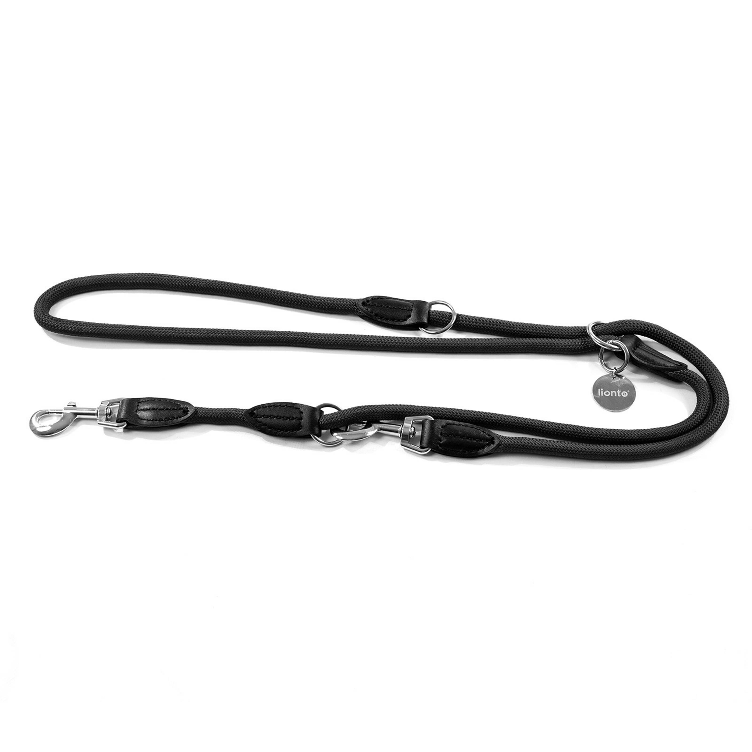 lionto Multifunktionsleine, 3-fach verstellbare Hundeleine aus robustem Nylon mit Kunstleder & Edelstahl, 200 cm, schwarz