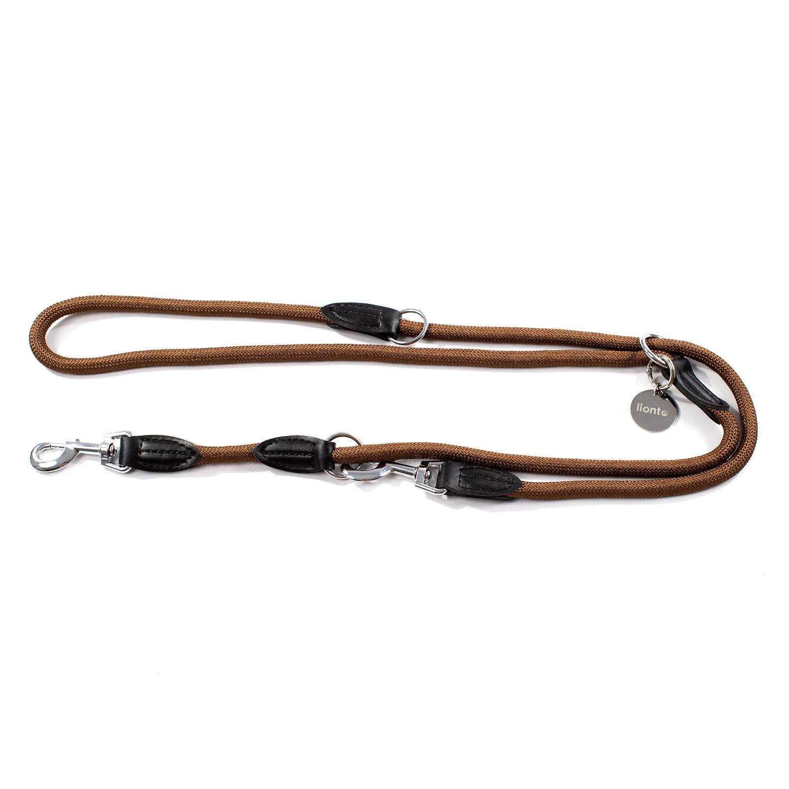lionto Multifunktionsleine, 3-fach verstellbare Hundeleine aus robustem Nylon mit Kunstleder & Edelstahl, 200 cm, braun