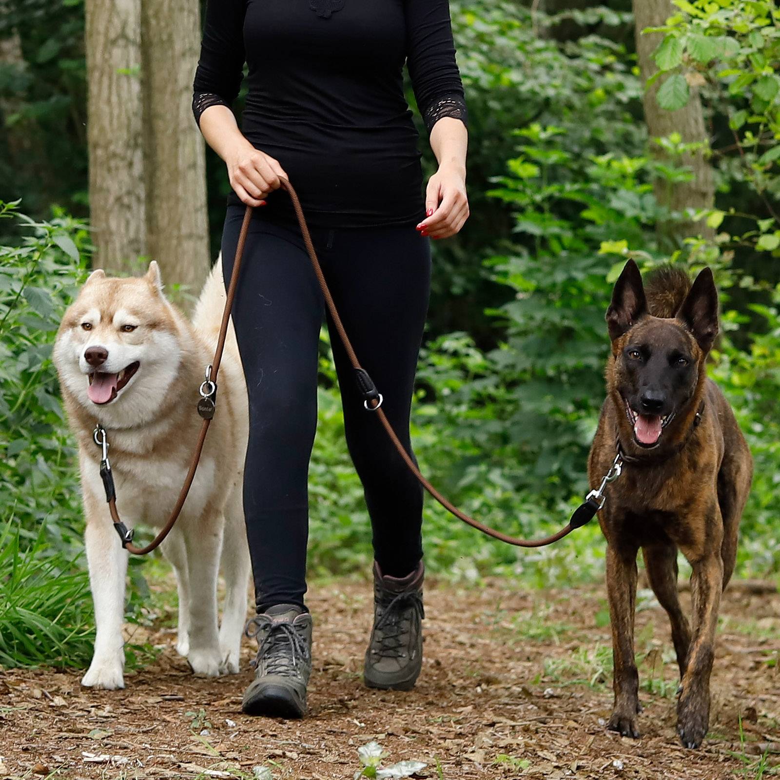 lionto Multifunktionsleine, 3-fach verstellbare Hundeleine aus robustem Nylon mit Kunstleder & Edelstahl, 200 cm, braun