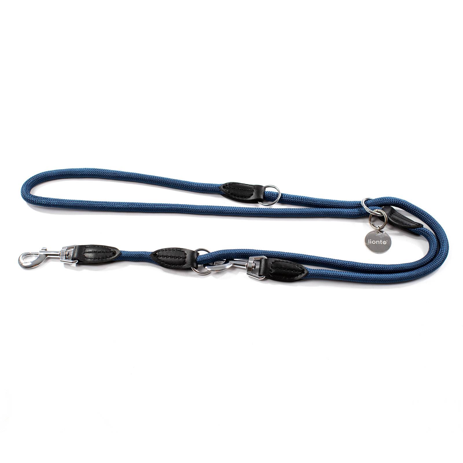 lionto Multifunktionsleine, 3-fach verstellbare Hundeleine aus robustem Nylon mit Kunstleder & Edelstahl, 200 cm, blau
