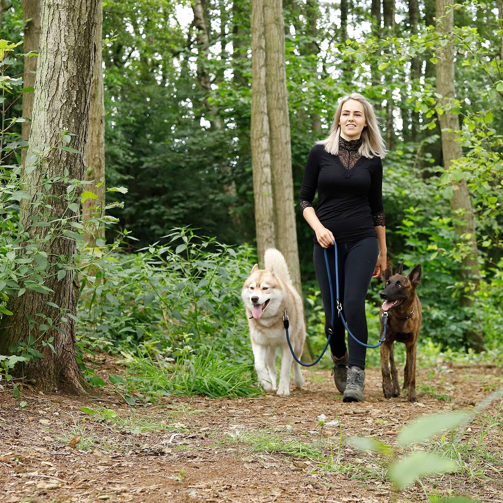 lionto Multifunktionsleine, 3-fach verstellbare Hundeleine aus robustem Nylon mit Kunstleder & Edelstahl, 200 cm, blau