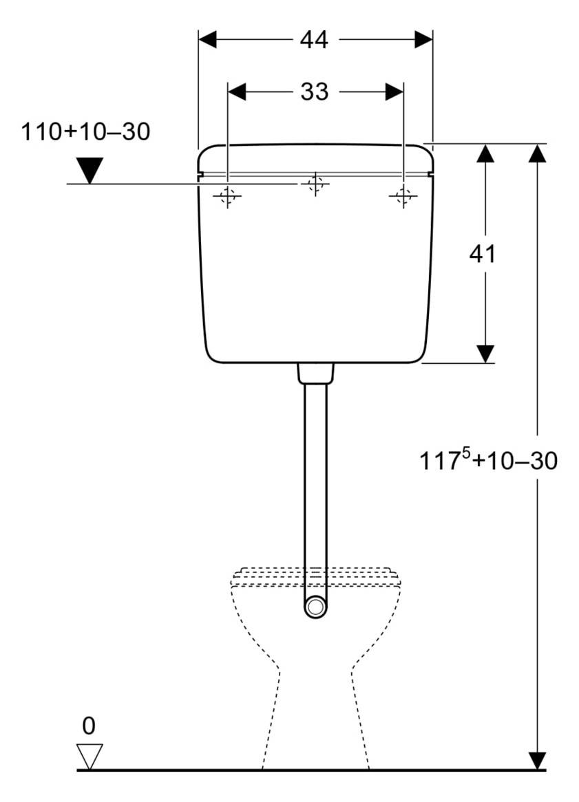 Technische Strichzeichnung eines Toilettenbehälters und Spülrohrs mit Installationsabmessungen: 44 cm breit, 41 cm hoch und Höhe 110+10/-30 cm über dem Boden.