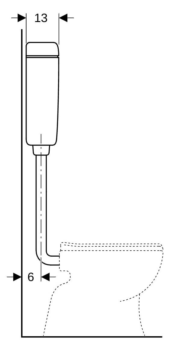 Seitenansicht-Diagramm eines Toilettenspülhebels mit 13 cm Tiefe oben und 6 cm Abstand an der Basis relativ zur Toilettentankkontur.