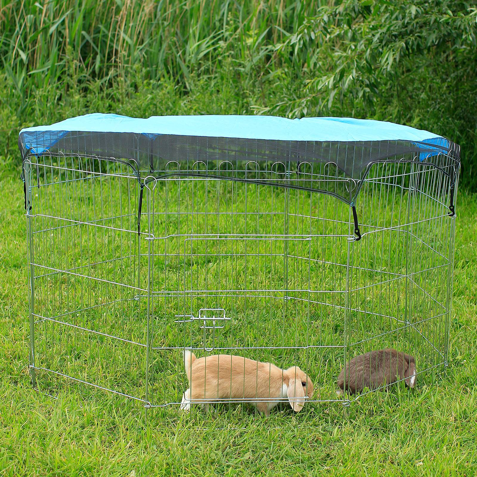 lionto Kleintier Freilaufgehege 8-teilig mit Tür & Netzabdeckung, wetterfester Auslauf für Kaninchen & Meerschweinchen, 59x78 cm