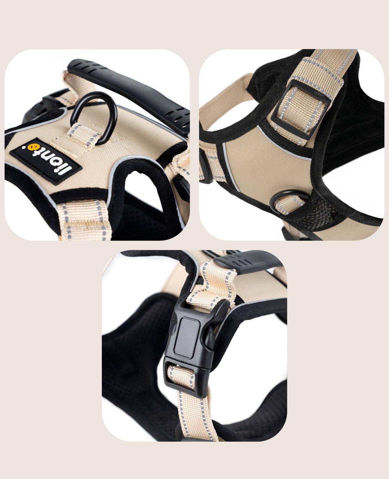 lionto Anti-Zug Hundegeschirr, verstellbares Y-Geschirr mit Brustring, reflektierend & gepolstert, Größe L, beige