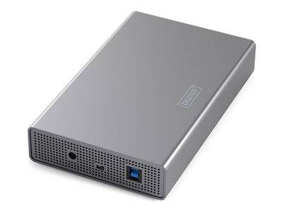 Ein tragbarer externer Festplattenspeicher mit silberfarbener Gehäuseverkleidung, ausgestattet mit Anschlüssen für USB-Verbindung und Stromzufuhr.