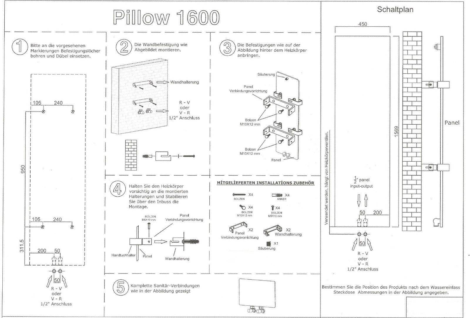 PILLOW Design Heizkörper flach 450 mm x 1600 mm Mittelanschluss inkl. Chrom-Handtuchhalter, schwarz