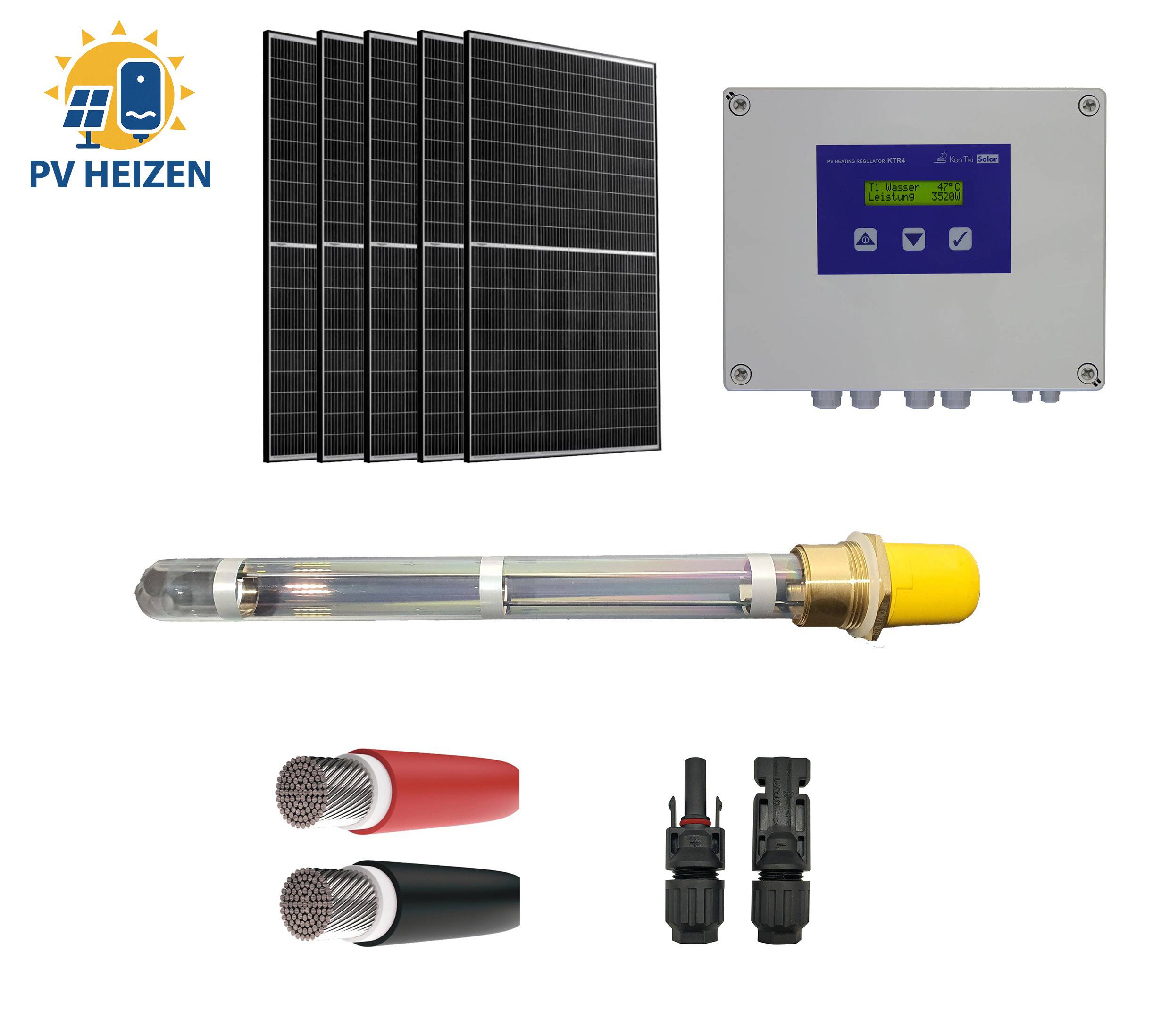 KTR4 PV-Heizstabregelung Komplettset 2640 W Peak, 6x 440W Solarmodule, 2 kW Nano-Heizstab 1 1/2