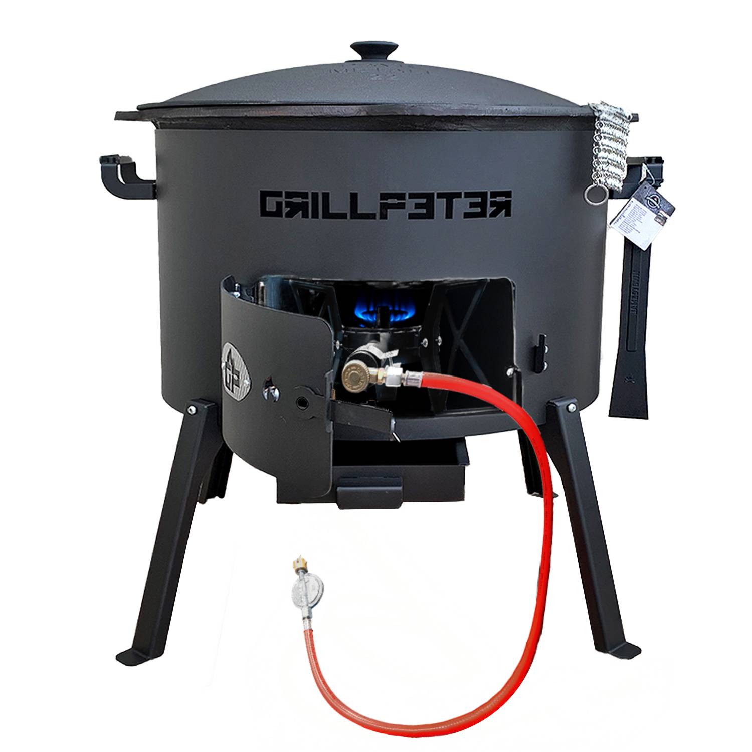Ein schwarzer Kochtopf auf einem Ständer mit angeschlossener roter Gasleitung und Brenner unter dem Topf. Das Logo 'GRILL2PER' ist an der Seite aufgedruckt.