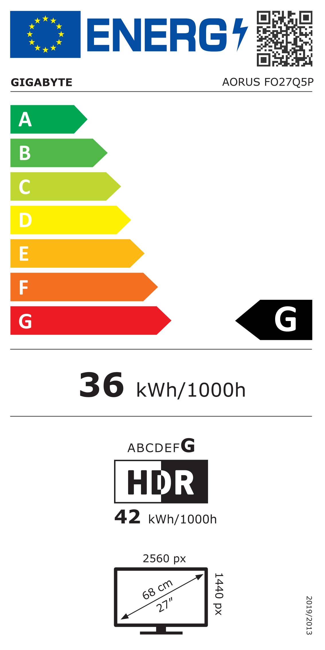 Energieeffizienzlabel mit Kategorien von A bis G, wobei G hervorgehoben ist. Zeigt '36 kWh/1000h'.