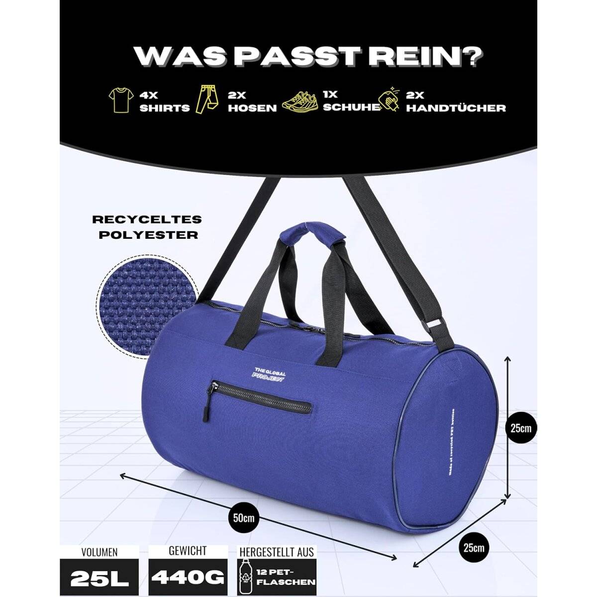 The Global Project Allzwecktasche Sporttasche mit 25 L Volumen, wasserabweisend, faltbar Blau