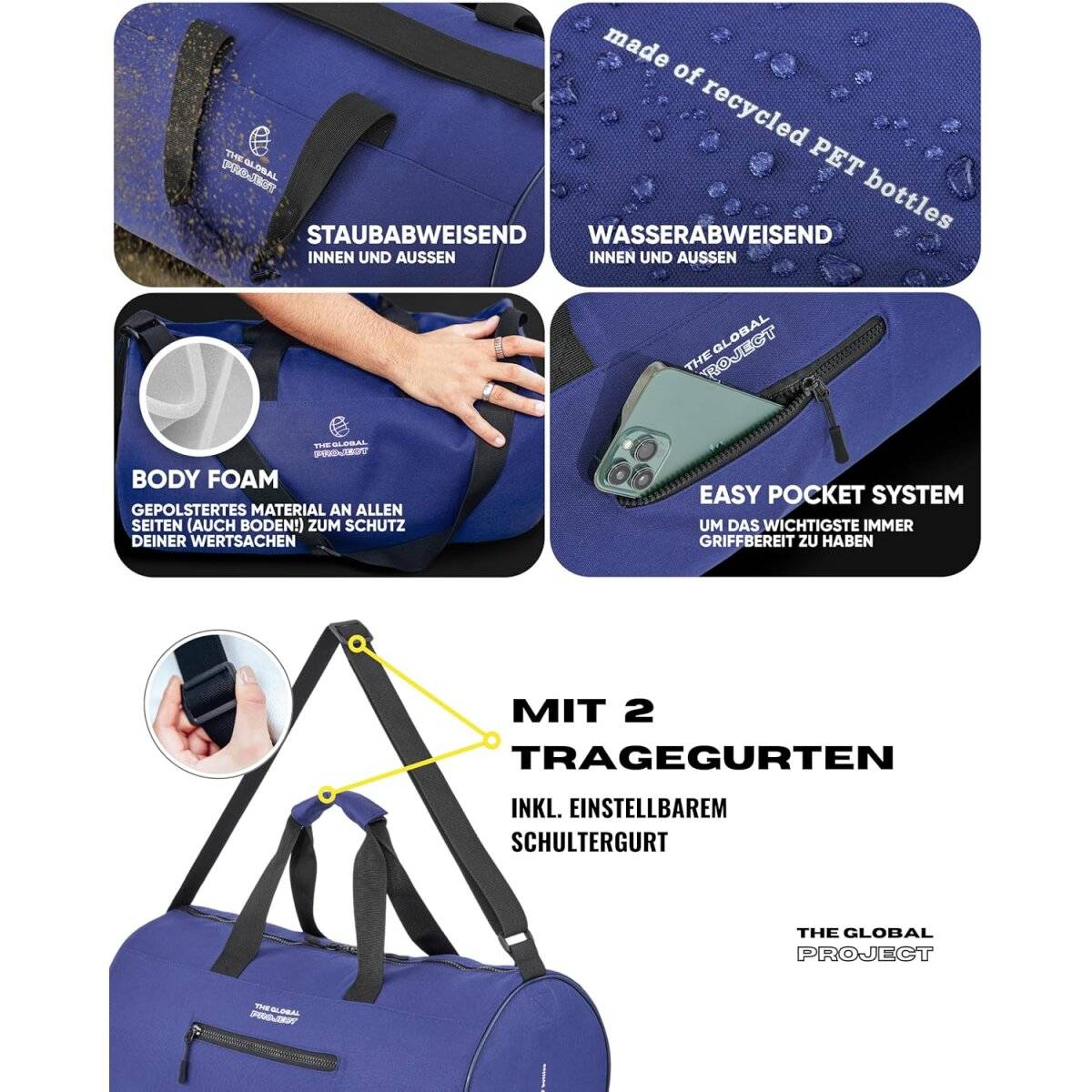 The Global Project Allzwecktasche Sporttasche mit 25 L Volumen, wasserabweisend, faltbar Blau
