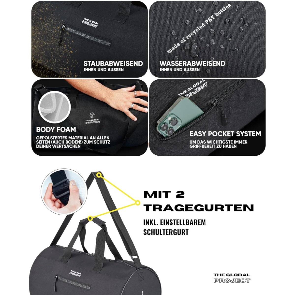 The Global Project Allzwecktasche Sporttasche mit 25 L Volumen, wasserabweisend, faltbar Schwarz