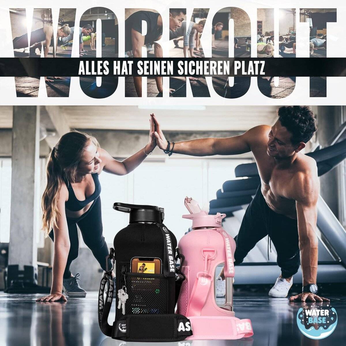 Water Base 2,2 l Trinkflasche mit Neoprenhülle, Seitentaschen und Schultergurt Pink