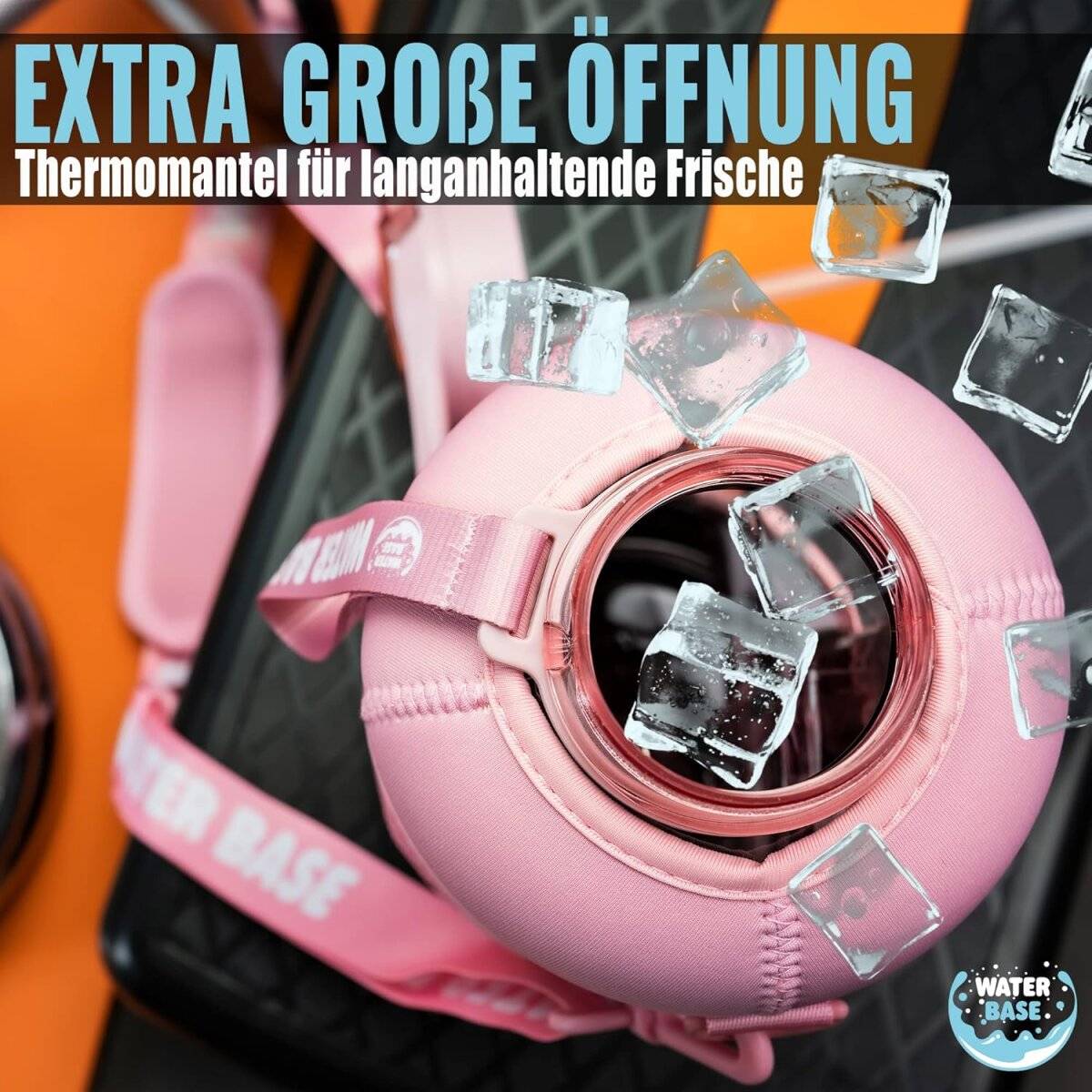 Water Base 2,2 l Trinkflasche mit Neoprenhülle, Seitentaschen und Schultergurt Pink