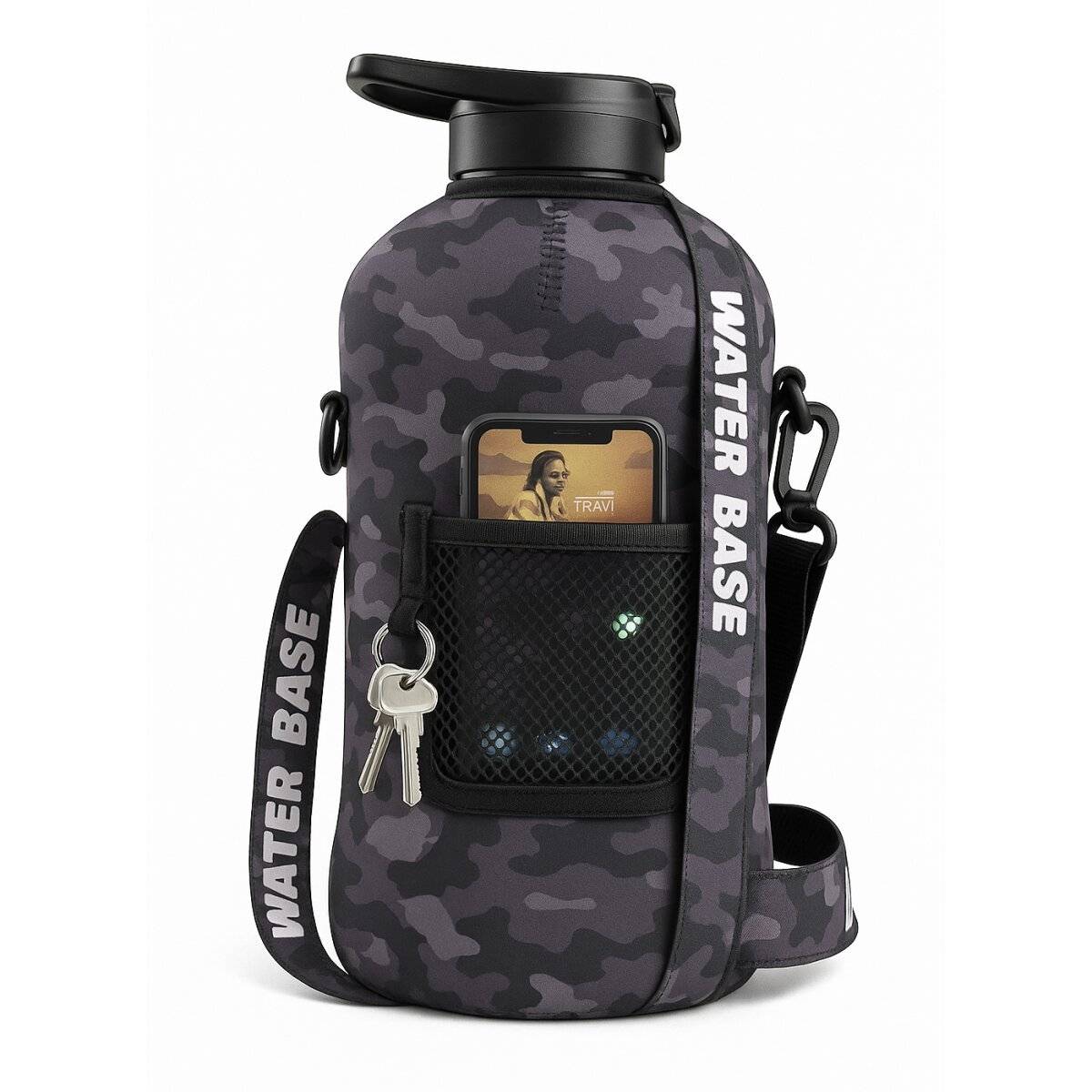 Water Base 2,2 l Trinkflasche mit Neoprenhülle, Seitentaschen, Schultergurt und zwei Deckeln Schwarz