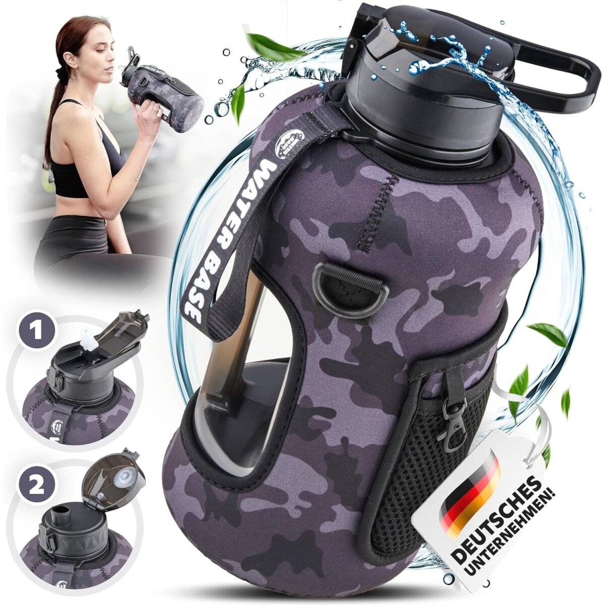 Water Base 2,2 l Trinkflasche mit Neoprenhülle, Seitentaschen, Schultergurt und zwei Deckeln Schwarz
